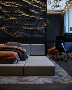 Stylish hotel room with a modern double bed and elegant interior design, perfect for relaxation.